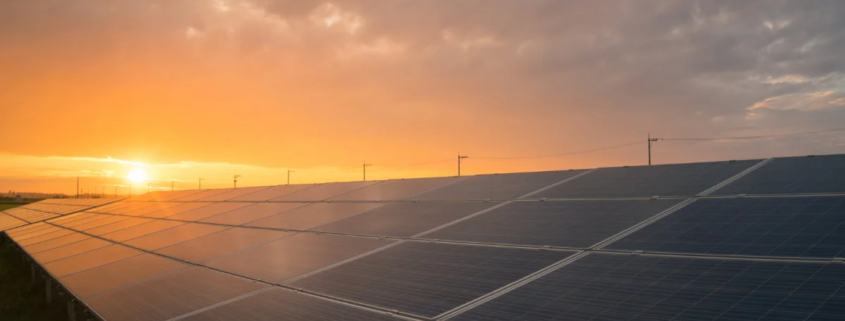 Painéis solares captando energia durante o pôr do sol em campo aberto