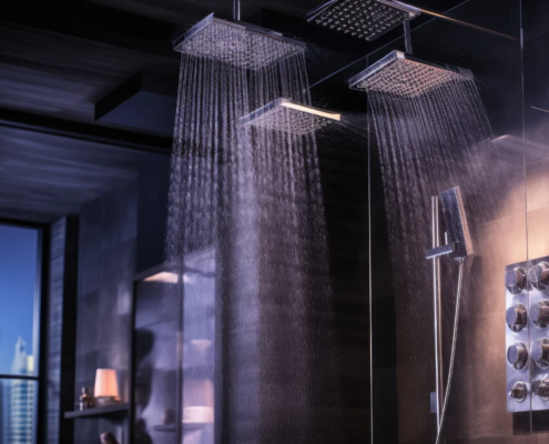 Chuveiro moderno com múltiplos jatos de água em banheiro luxuoso com iluminação suave