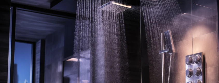 Chuveiro moderno com múltiplos jatos de água em banheiro luxuoso com iluminação suave